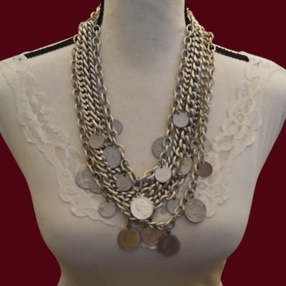 Vintage Jewelry - Vtg 1980s Chunky Multi-Layered Faux Quarter Dime Coin Festival Chain Necklace